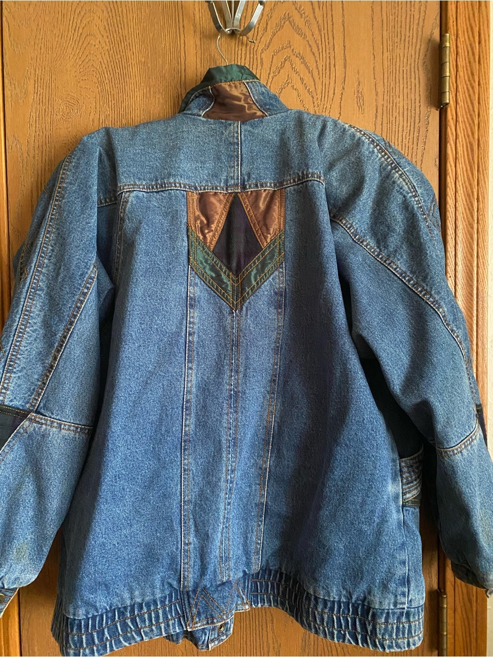 Denim Jacket with Green & Navy Accents - Women's Casual Coat - Picture 4 of 5